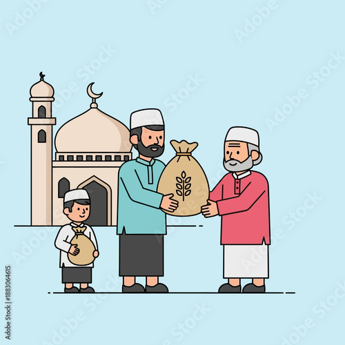 Muslims giving sacks of grain near mosque, symbolizing charitable giving