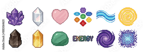 Set of pixel art icons featuring colorful crystals, a heart, chakra symbols, and magical energy effects for a retro video game or spiritual design concept