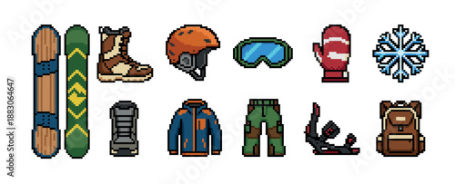 Pixel art set of snowboarding equipment and winter sports apparel including a snowboard, helmet, goggles, jacket, and boots in a retro 8-bit video game style illustration