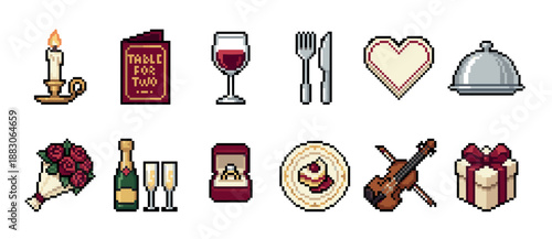 Set of romantic pixel art icons featuring a candle, wine, engagement ring, roses, and a violin for a date night celebration, rendered in a charming 8-bit retro video game style