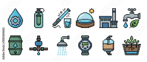 Set of pixel art icons for water conservation, purification, and management technology in a retro 8-bit video game style, featuring a filter, faucet, meter, and factory