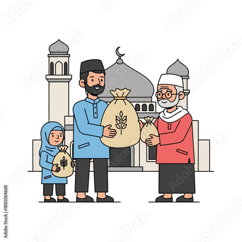 Muslim charity donation giving zakat food bags near mosque