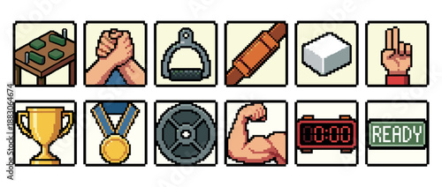 Set of pixel art icons for arm wrestling and strength sports featuring a table, trophy, medal, weight, and bicep in a retro 8-bit video game style illustration