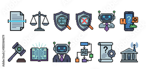 Detailed pixel art icon set illustrating artificial intelligence, legal technology, and cyber security with robots, scales of justice, and digital documents