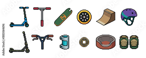 Pixel art set of scooter and skateboard equipment with various parts and accessories like a ramp, helmet, wheel, and protective gear for extreme urban sports