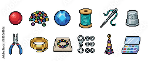 Pixel art icon set of jewelry making and sewing supplies featuring colorful beads, thread, a needle, pliers, and a thimble in a retro 8-bit video game asset style