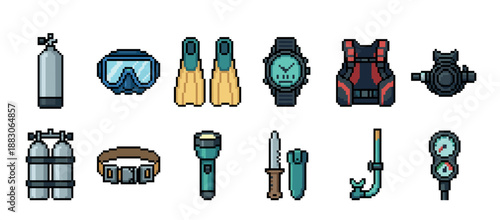 Scuba diving gear and underwater equipment collection in a retro 8-bit pixel art style, featuring a mask, tank, fins, watch, and other diver accessories