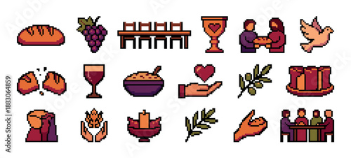 Collection of Christian religious pixel art icons depicting Last Supper symbols like bread, wine, a chalice, and a dove, rendered in a retro 8-bit video game graphic style
