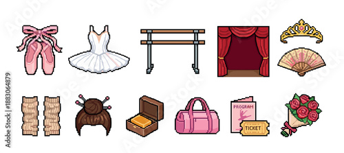 Collection of ballet and dance items in a pixel art style including pointe shoes, a tutu, barre, tiara, and roses for a performance or recital concept