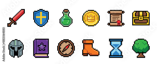 Colorful set of pixel art icons for a fantasy role-playing game, featuring a sword, shield, potion, coin, scroll, treasure chest, helmet, magic book, compass, and hourglass
