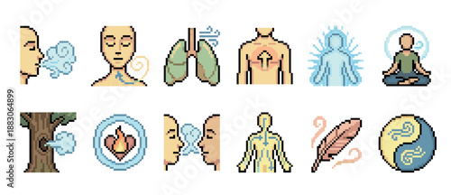 Pixel art icon set collection illustrating breathing techniques, meditation, and spiritual wellness with symbols like lungs, aura, energy flow, and a yin yang in a retro 8-bit style