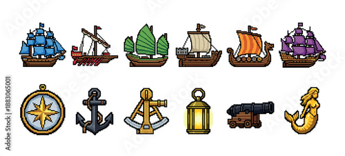 Pixel art nautical and maritime icon set with various historical ships, a compass, anchor, cannon, and mermaid figurehead for a retro video game