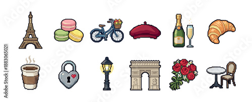 Charming set of pixel art icons representing romantic European city life, including a landmark tower, macarons, a bicycle with flowers, a beret, champagne, and a croissant