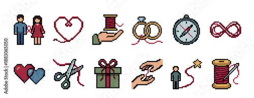 Set of pixel art icons illustrating the red thread of fate concept with a couple, hearts, rings, and other symbolic elements of love, connection, and destiny