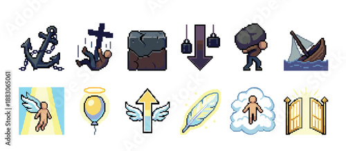 Set of pixel art icons representing concepts of burden and salvation, featuring a sinking anchor, falling person, heavy stone, and ascending angel, feather, and heavenly gates