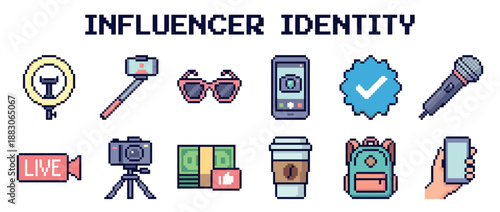 Pixel art icon set of influencer identity essentials including a ring light, smartphone, and camera in a retro 8-bit video game style for social media and vlogging concepts