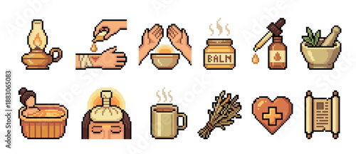 Set of pixel art icons showing traditional healing, folk medicine, and wellness treatments like herbal remedies, massage, and aromatherapy in a retro 8-bit video game style