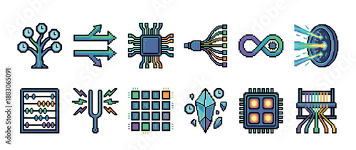 Set of pixel art technology icons representing quantum computing concepts like CPUs, data transfer, and branching networks in a colorful retro 8-bit video game aesthetic