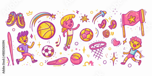 Vibrant Vector Illustration of Teenagers and Kids Engaging in Team Sports and Athletic Activities for a Healthy Lifestyle Concept