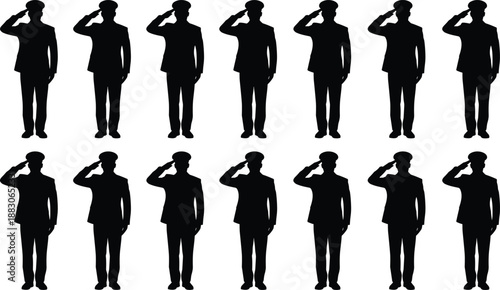 Military salute silhouette pose collection, soldier officer standing gestures, army respect symbol set, uniform people icons, minimal black vector design