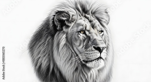 Wallpaper Mural Refined black and white portrait of a majestic male lion looking upward, highlighting a detailed flowing mane, sharp features, and a calm yet noble wildlife presence. Torontodigital.ca