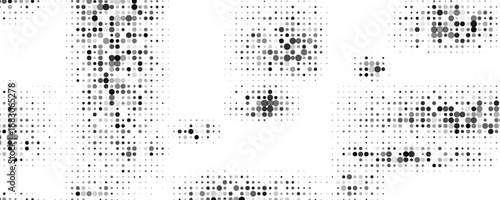 Grunge halftone gradient background. Faded grit noise texture. White and black sand wallpaper. Retro pixelated backdrop. Anime or manga style comic overlay.