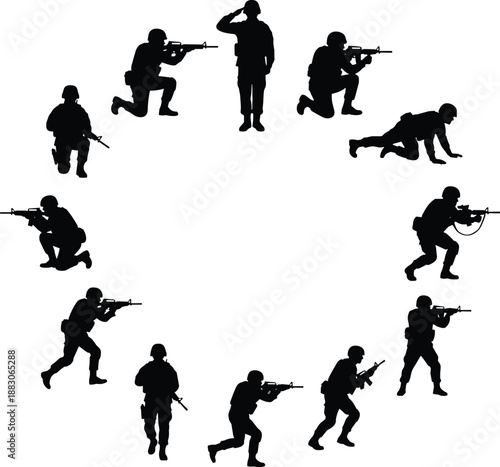 Military soldier silhouette action set, armed forces combat poses, kneeling running aiming shooting gestures, tactical army operations, minimal vector icons