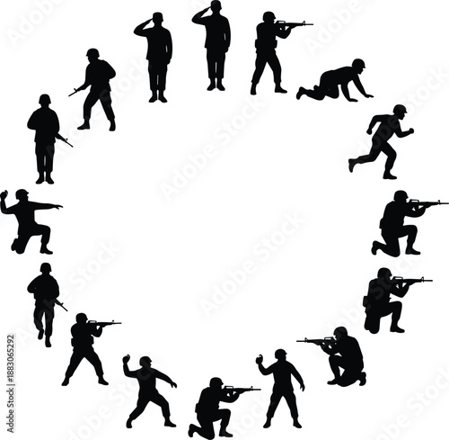 Military soldier silhouette action circle, army combat poses set, saluting aiming running kneeling gestures, tactical operations concept, minimal black vector
