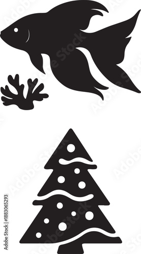 A simple graphic featuring a fish coral and a christmas tree silhouette
