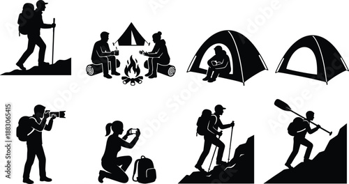 Outdoor adventure silhouette icon set, hiking camping photography kayaking activities, travelers exploring nature, tents mountains backpackers, minimal black vector illustration