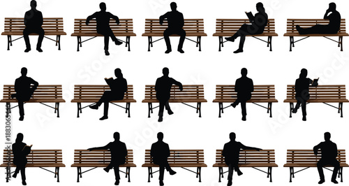 Park bench people silhouette collection, sitting relaxing male female poses, black human figures set, isolated white background vector illustration design