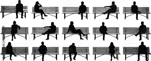 Park bench people silhouette collection, sitting relaxing male female poses, black human figures set, isolated white background vector illustration design