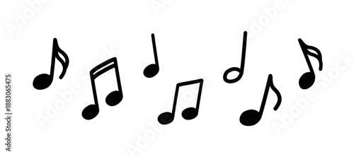 Vector  hand drawn black flying musical notes isolated on white background	
