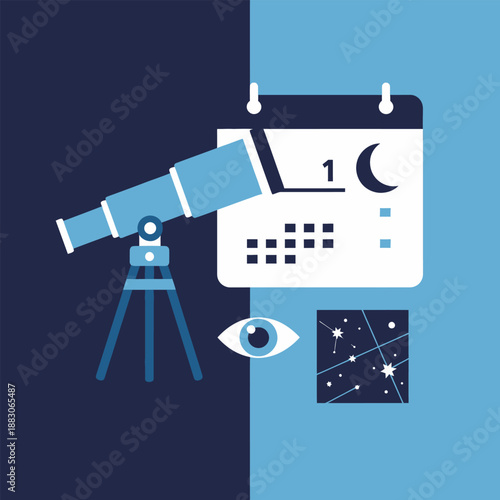 Telescope and calendar with moon and stars for astronomical planning