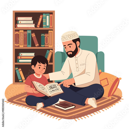 Man and boy reading holy book together at home near bookshelf library