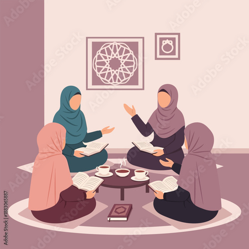 Women in hijab studying books and drinking tea in a room
