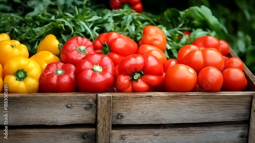 Fresh Yellow and Red Bell Peppers in Wooden Crate.