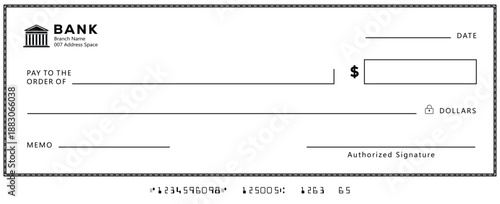 Bank check, vector blank money cheque, checkbook template with guilloche pattern and fields. Currency payment coupon, money check background