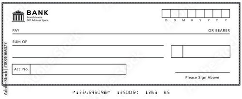 Bank check, vector blank money cheque, checkbook template with guilloche pattern and fields. Currency payment coupon, money check background