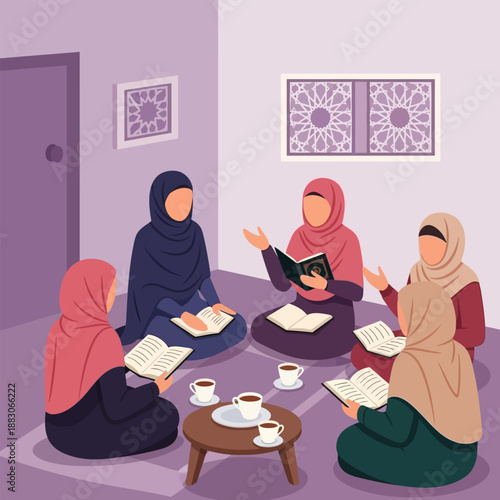 Women in hijabs in a circle discussing books and drinking tea