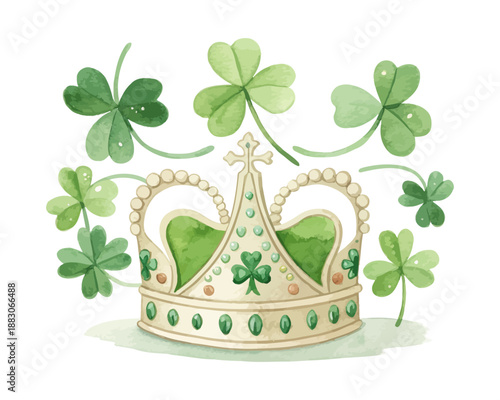 Watercolor Shamrock Crown Design, St. Patrick’s Day Irish Symbol Vector Isolated on White Background