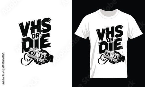 Black V H S or Die text with hand holding cassette tape