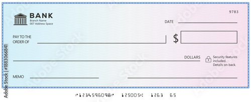 Bank check, vector blank money cheque, checkbook template with guilloche pattern and fields. Currency payment coupon, money check background