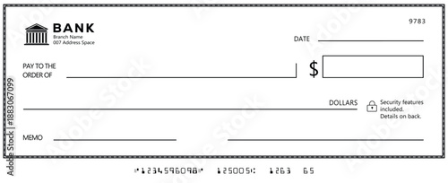 Bank check, vector blank money cheque, checkbook template with guilloche pattern and fields. Currency payment coupon, money check background