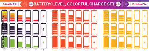 Battery level indicators icon set. Battery charge level indicators showing full to empty states. Power and Charging Status Symbols. Line and solid icon set. Vector illustration.