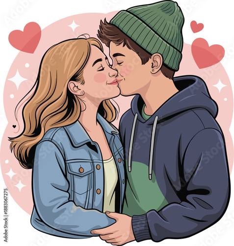 Young couple kissing with hearts and sparkles love