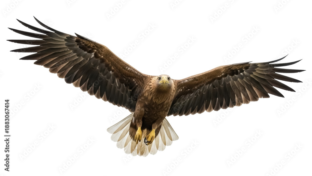 Fototapeta premium Isolated eagle with outspread wings gliding in the air looking straight at the viewer
