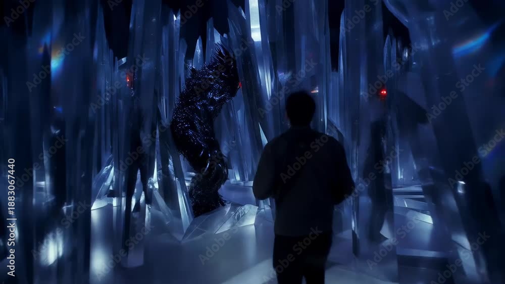 Alien Encounter: A figure ventures into a mysterious ice cavern ...