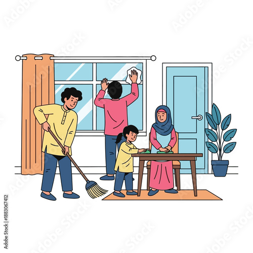 Family cleaning house together preparing for special occasion or holiday