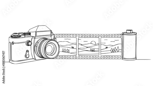 Single line vintage film camera with unwinding film forming landscape retro photography concept